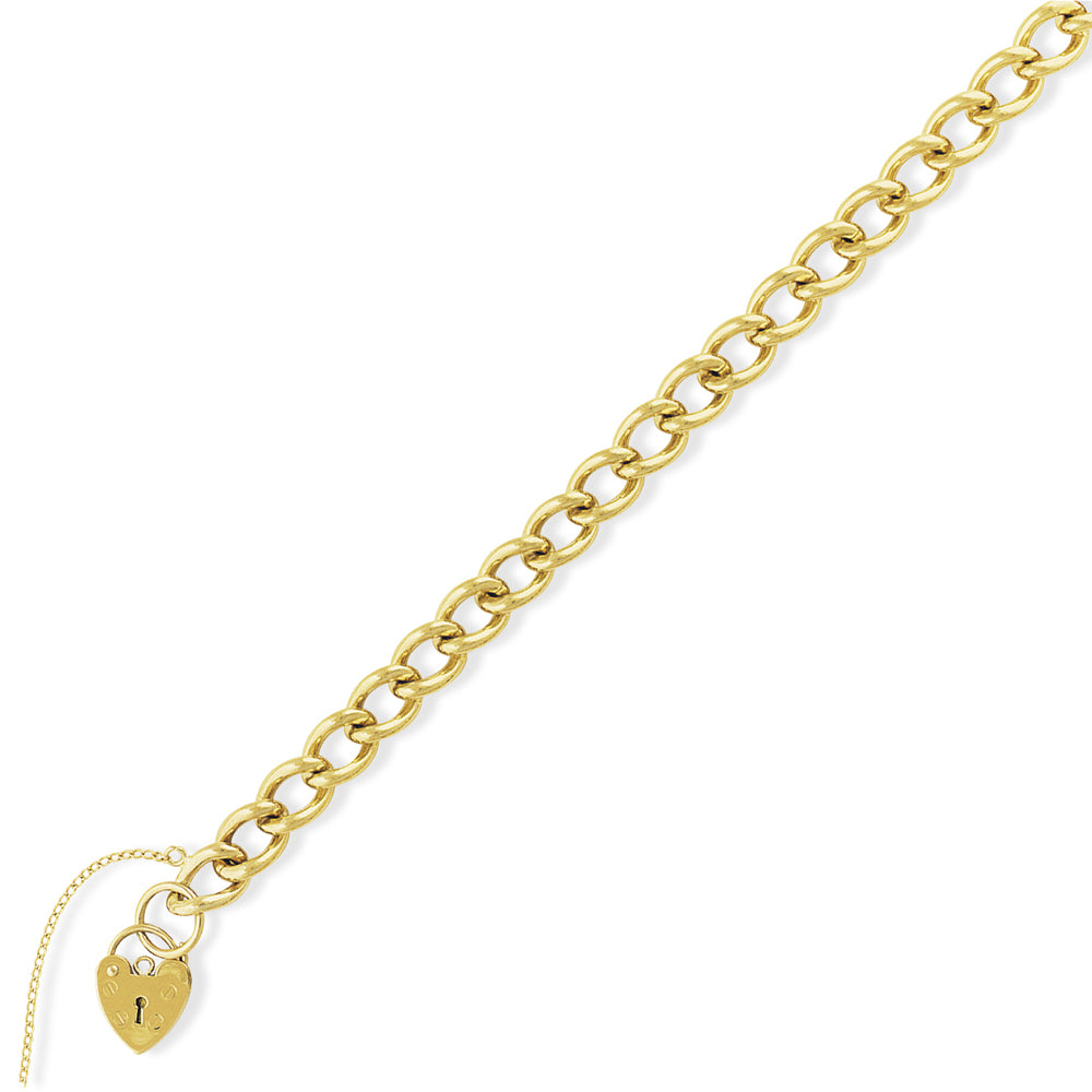 9ct Gold  7.5mm Curb Charm Bracelet Love Heart Padlock - BRNR02345-07