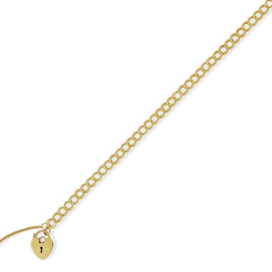 9ct Gold  5.5mm Double Curb Charm Bracelet Heart Padlock - BRNR02885-07