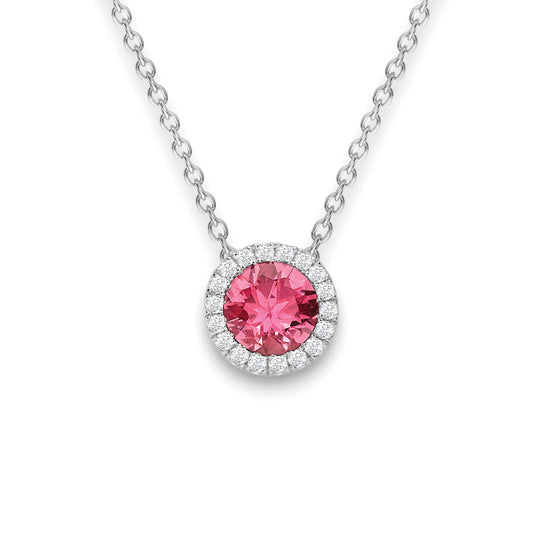 18ct White Gold  Diamond Pink Tourmaline 6mm Halo Cluster Necklace - CWNR02176-18