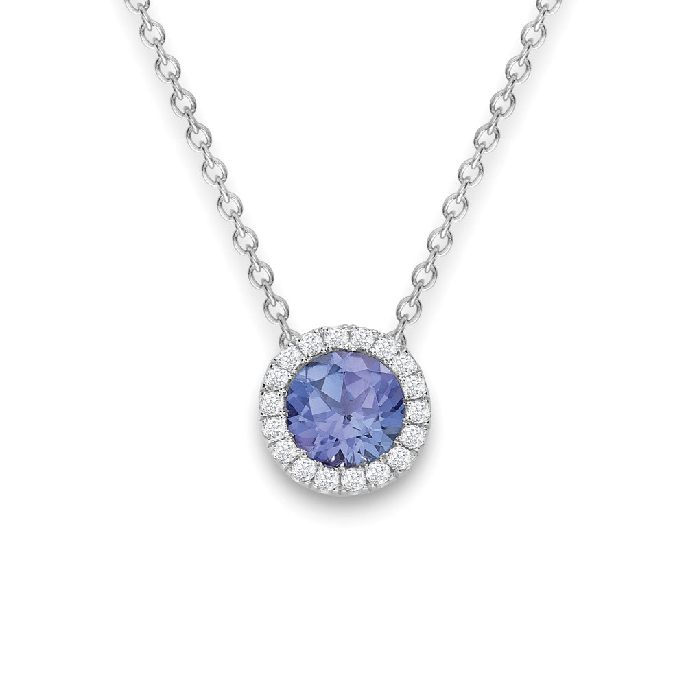 18ct White Gold  Diamond Tanzanite 6mm Round Halo Cluster Necklace - CWNR02177-18