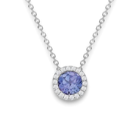 18ct White Gold  Diamond Tanzanite 6mm Round Halo Cluster Necklace - CWNR02177-18