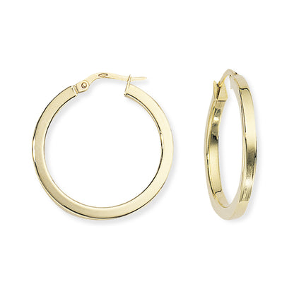 Ladies 9ct Gold  2.5mm Square Tube Round Hoop Earrings - 25mm - ENR02035
