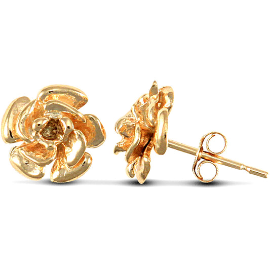 Ladies 9ct Gold  Rose Flower Petals Stud Earrings - 9mm - ENR02064