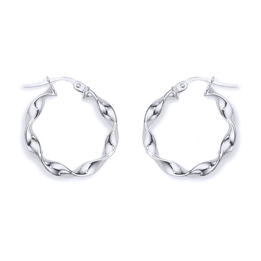 Ladies 9ct White Gold  Candy Twist Ribbon Hoop Earrings - 20mm - ENR02391