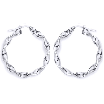 Ladies 9ct White Gold  Candy Twist Ribbon Hoop Earrings - 25mm - ENR02396