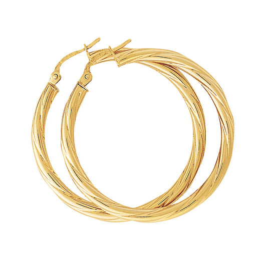 Ladies 9ct Gold  Rock Candy Twist Hoop Earrings - 35mm - ENR02463