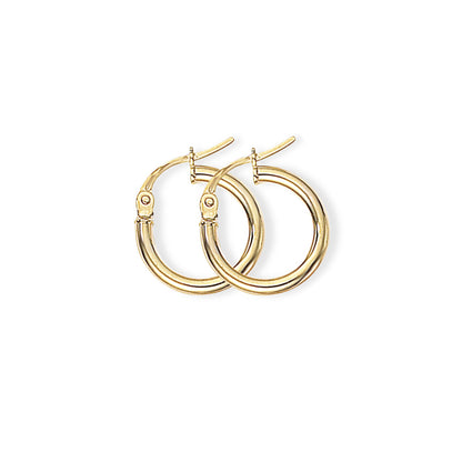 Ladies 9ct Gold  2mm Gauge Plain Polish Hoop Earrings 14mm - ENR02550