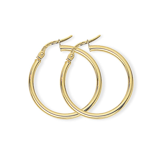 Ladies 9ct Gold  2mm Gauge Plain Polish Hoop Earrings 23mm - ENR02552