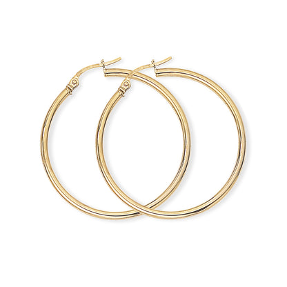 Ladies 9ct Gold  2mm Gauge Plain Polish Hoop Earrings 33mm - ENR02553