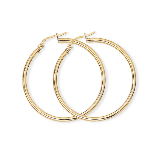 Ladies 9ct Gold  2mm Gauge Plain Polish Hoop Earrings 33mm - ENR02553