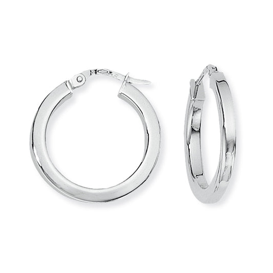 Ladies 9ct White Gold  2mm Gauge Square Tube Hoop Earrings - 20mm - ENR02677