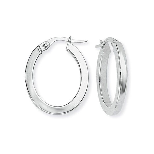 9ct White Gold  - Square Tube Oval Hoops Earrings - - ENR02678