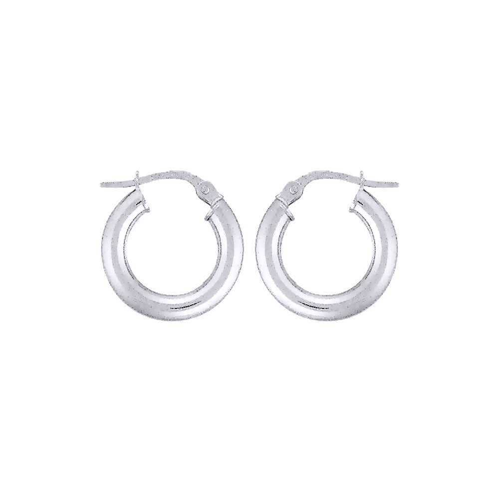 Ladies 9ct White Gold  3mm Gauge Classic Plain Hoop Earrings 15mm - ENR02904