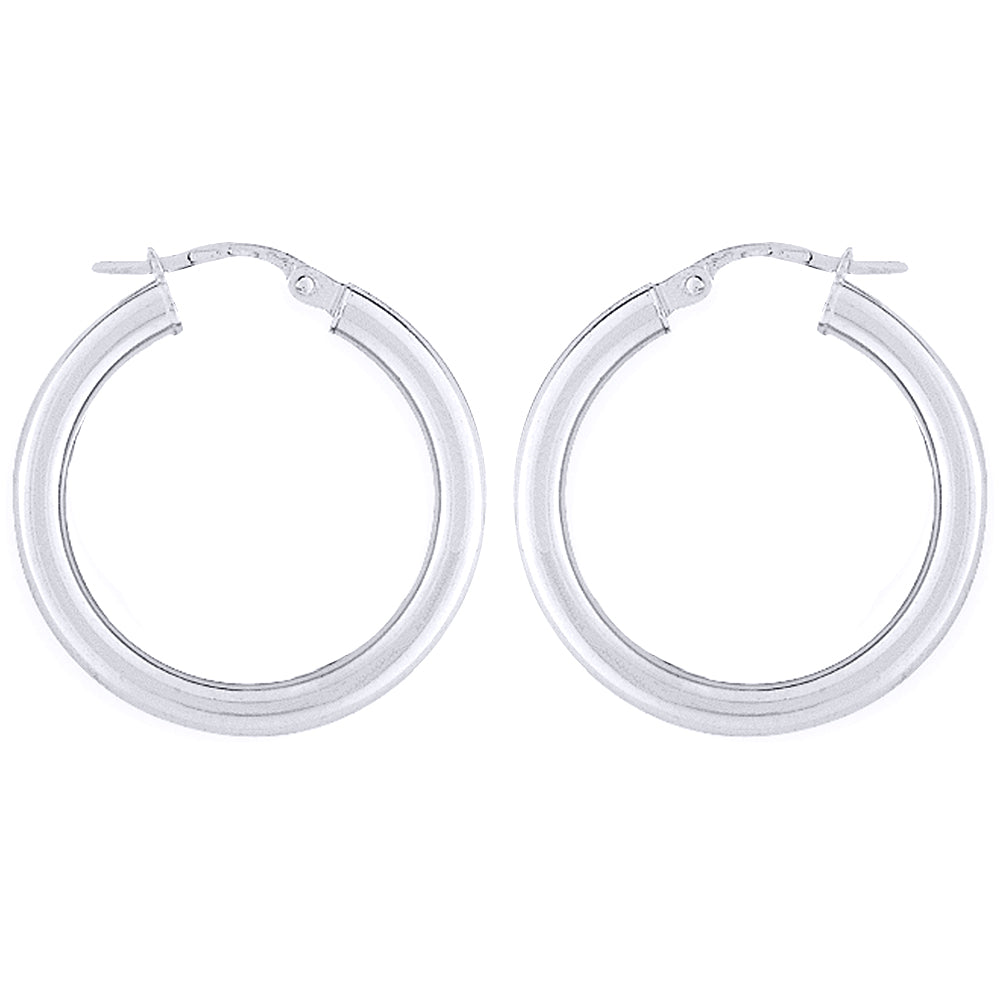 Ladies 9ct White Gold  3mm Gauge Classic Plain Hoop Earrings 25mm - ENR02906