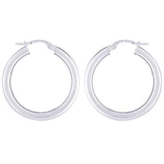 Ladies 9ct White Gold  3mm Gauge Classic Plain Hoop Earrings 25mm - ENR02906