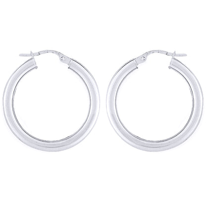 Ladies 9ct White Gold  3mm Gauge Classic Plain Hoop Earrings 25mm - ENR02906