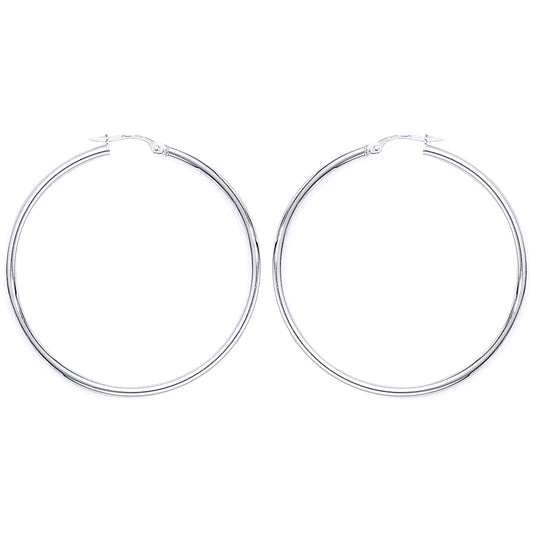 Ladies 9ct White Gold  2mm Gauge Large Thin Hoop Earrings - 42mm - ENR02938