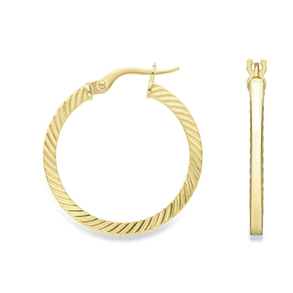 9ct Gold  Ribbed Square Tube Creole Hoop Earrings 1.5mm - ERNR02262