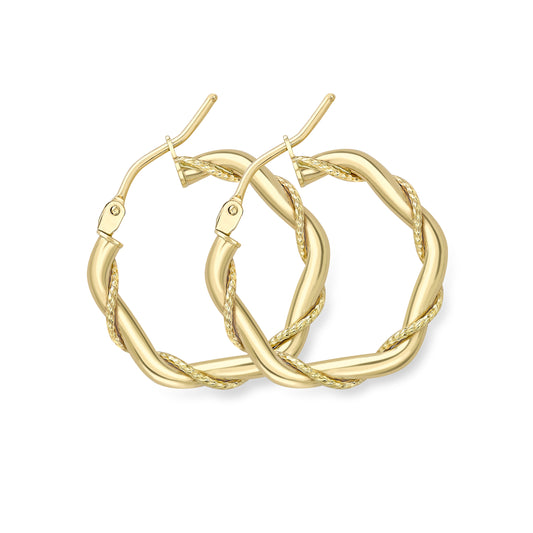 9ct Gold  Rope Entwined Twist Hexagonal Hoop Earrings 2mm - ERNR02322