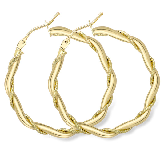 9ct Gold  Rope Entwined Twist Hexagonal Hoop Earrings 2mm - ERNR02324