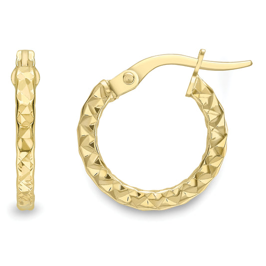 9ct Gold  Hammered Sparkle Square Tube Hoop Earrings - ERNR02370