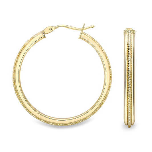9ct Gold  Bead Rope Raised Edge Hoop Earrings 2mm - ERNR02453