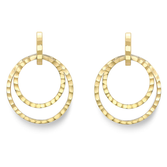 9ct Gold  Hammered Facet Double Hoop Drop Earrings - ERNR02456
