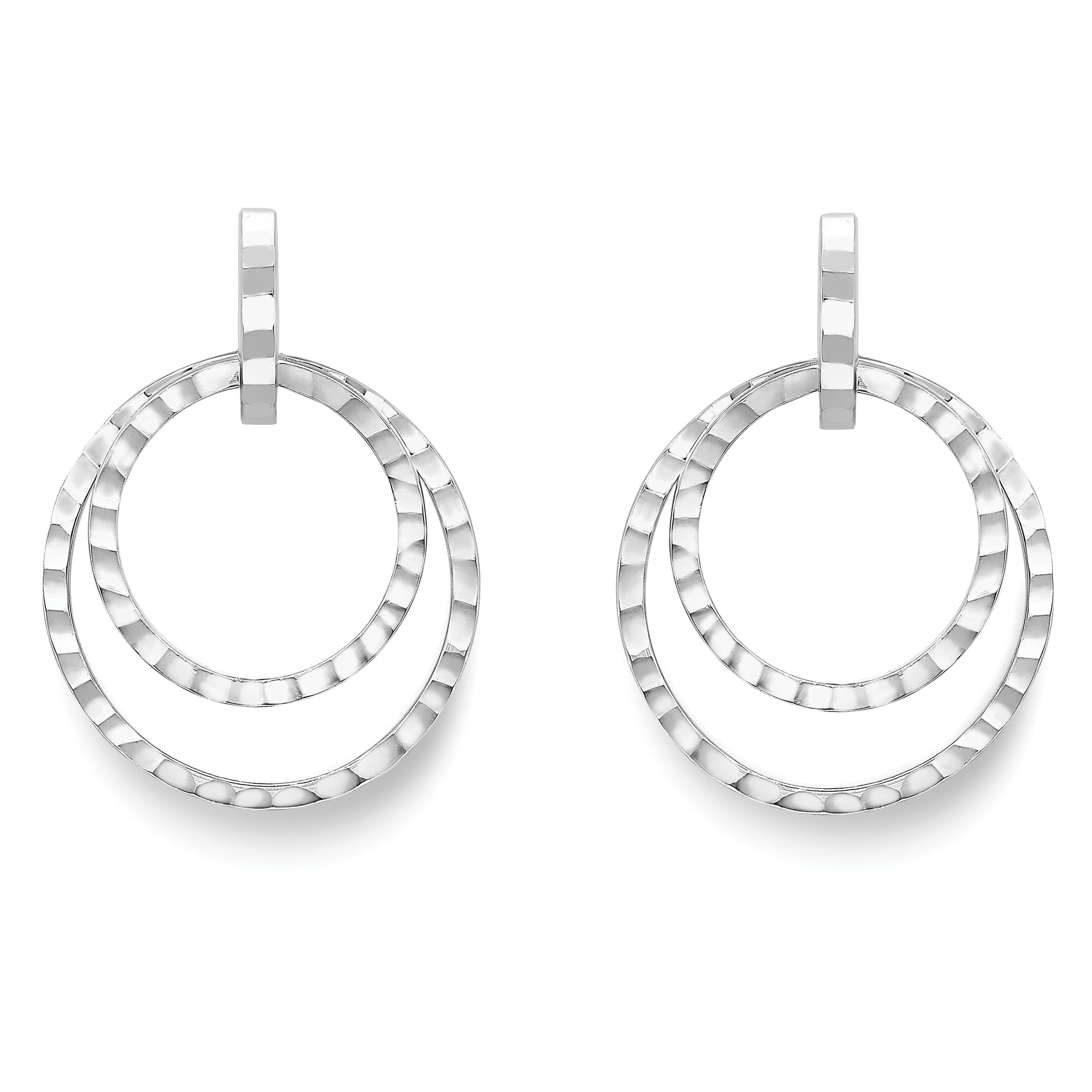 9ct White Gold  Hammered Facet Double Hoop Drop Earrings - ERNR02457
