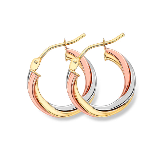 9ct 3 Colour Gold  Russian Wedding Ring Twist Hoop Earrings 2mm - ERNR02524
