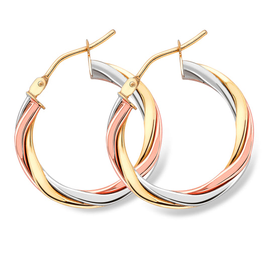 9ct 3 Colour Gold  Russian Wedding Ring Twist Hoop Earrings 2mm - ERNR02525