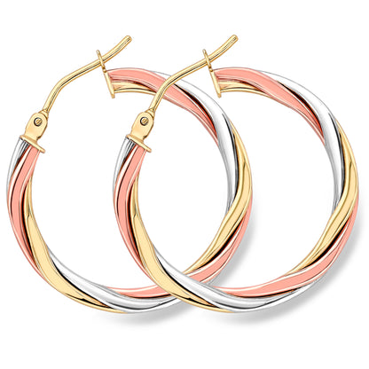 9ct 3 Colour Gold  Russian Wedding Ring Twist Hoop Earrings 2mm - ERNR02526