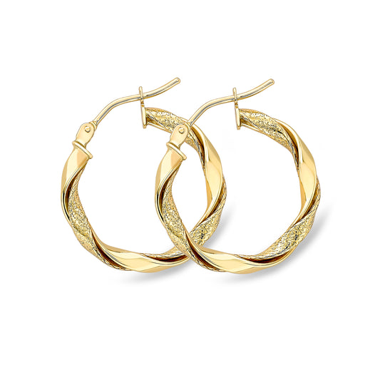 9ct Gold  Ribbon Twist Glittery Satin Hoop Earrings 2mm - ERNR02556