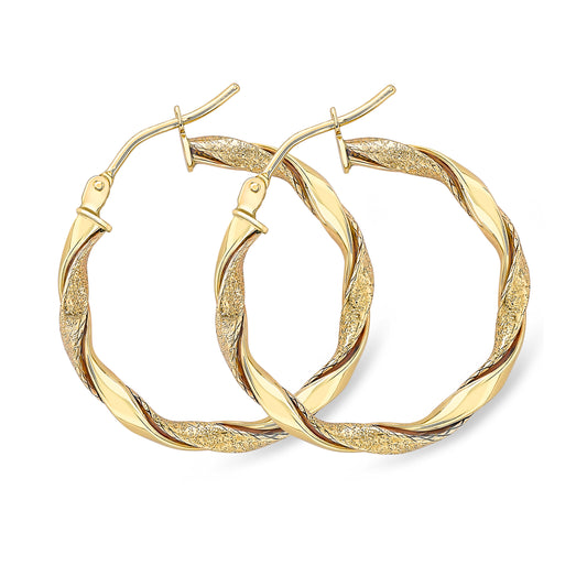 9ct Gold  Ribbon Twist Glittery Satin Hoop Earrings 2mm - ERNR02557