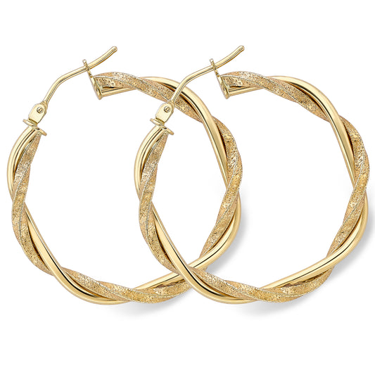 9ct Gold  Sparkle Dust Double Square Twist Hoop Earrings - ERNR02604