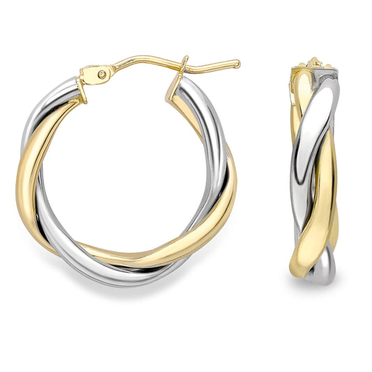 9ct White & Yellow Gold  Double Triangular Twist Hoop Earrings - ERNR02617