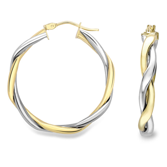9ct White & Yellow Gold  Double Square Twist Hoop Earrings - ERNR02619