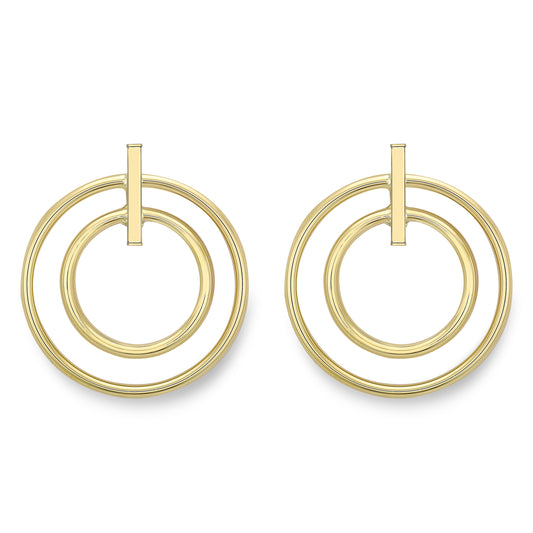 9ct Gold  Double Circles & Bars Drop Earrings - ERNR02627