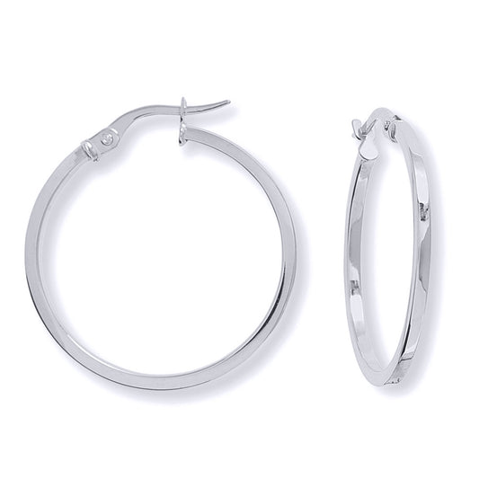 Ladies 9ct White Gold  1.5mm Square Tube Round Hoop Earrings 25mm - ERNR02670
