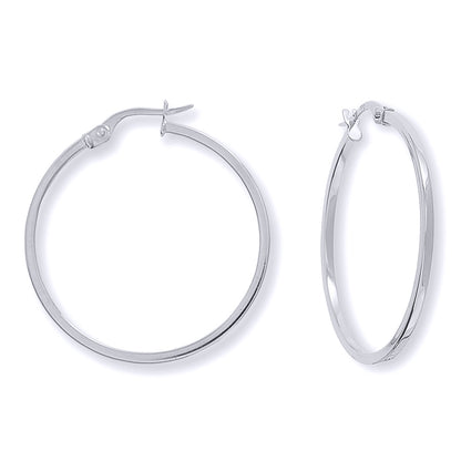 Ladies 9ct White Gold  1.5mm Square Tube Round Hoop Earrings 30mm - ERNR02671