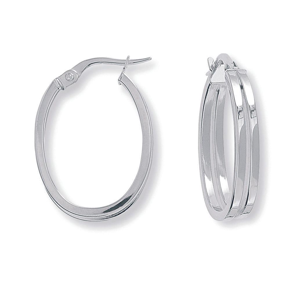 9ct White Gold  Split Square Tube Plain Oval Hoop Earrings 17x24mm - ERNR02673