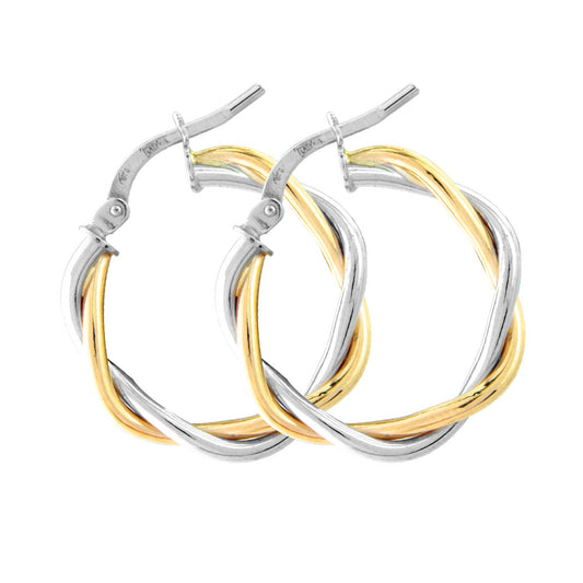 Ladies 9ct White Yellow Gold  Weaved Twist Hoop Earrings - 15mm - ERNR02752