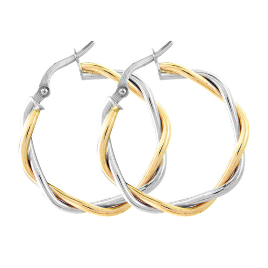 Ladies 9ct White Yellow Gold  Weaved Twist Hoop Earrings - 20mm - ERNR02753
