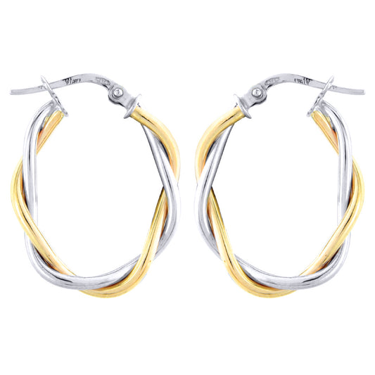 Ladies 9ct White Yellow Gold  Oval Twist Hoop Earrings - 25x20mm - ERNR02754