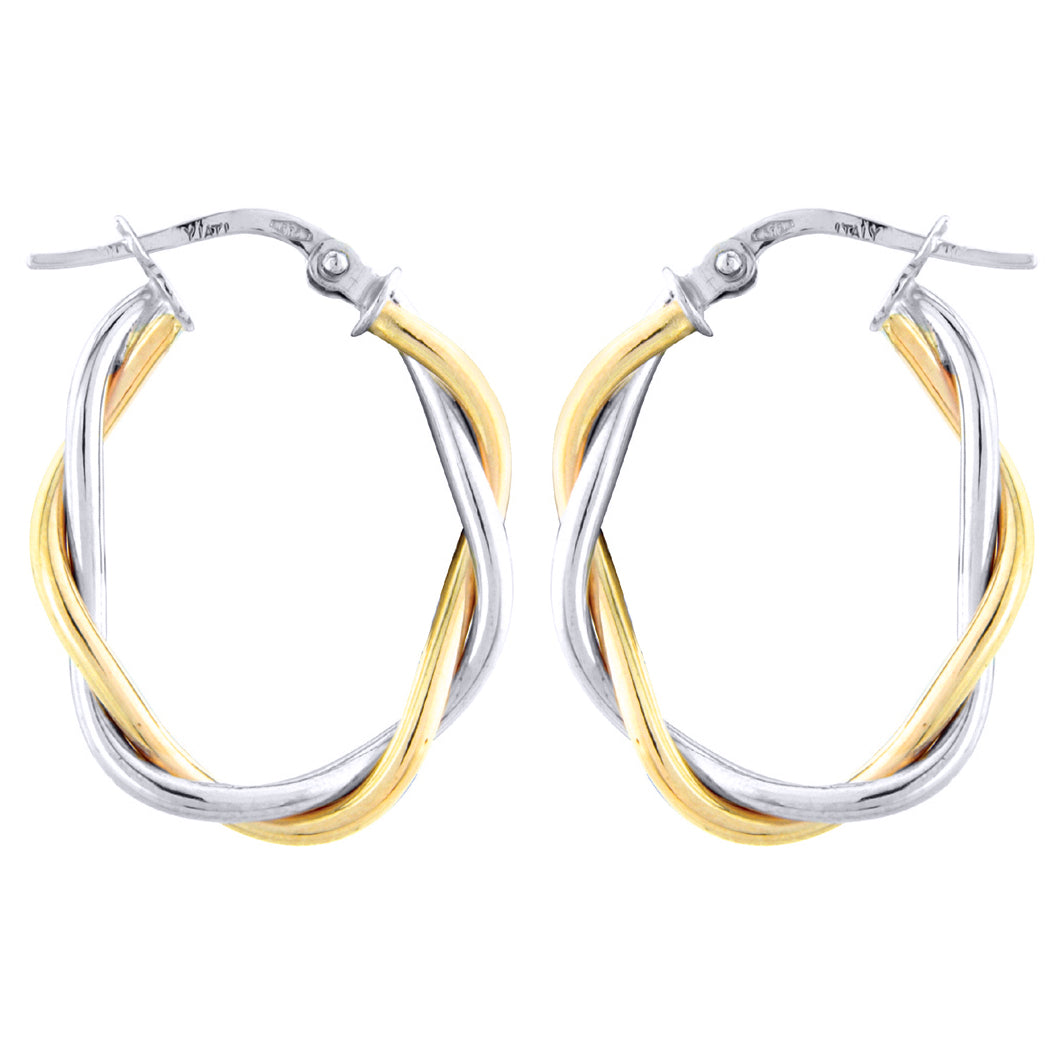 Ladies 9ct White Yellow Gold  Oval Twist Hoop Earrings - 25x20mm - ERNR02754