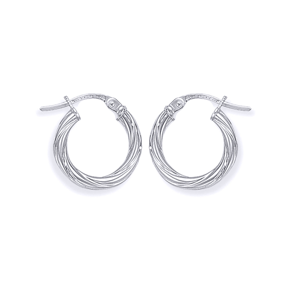 Ladies 9ct White Gold  Rock Candy Twisted Hoop Earrings - 13mm - ERNR02816