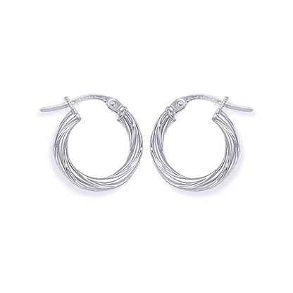 Ladies 9ct White Gold  Rock Candy Twisted Hoop Earrings - 13mm - ERNR02816