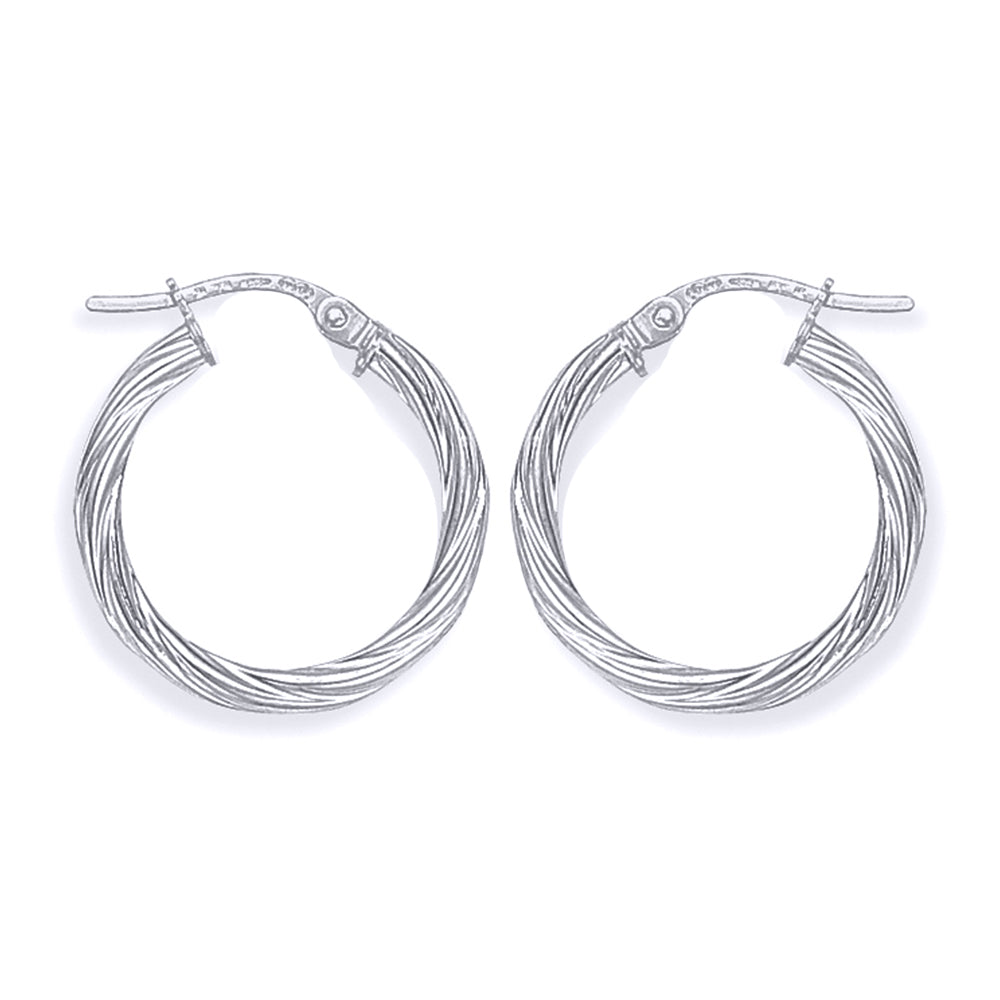 Ladies 9ct White Gold  Rock Candy Twisted Hoop Earrings - 19mm - ERNR02817
