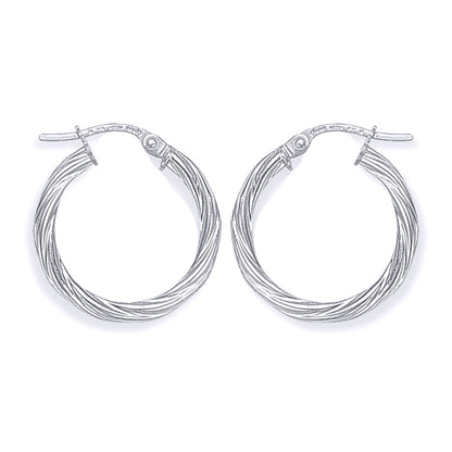 Ladies 9ct White Gold  Rock Candy Twisted Hoop Earrings - 19mm - ERNR02817