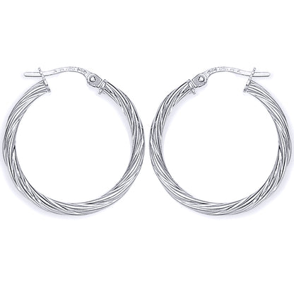 Ladies 9ct White Gold  Rock Candy Twisted Hoop Earrings - 22mm - ERNR02818