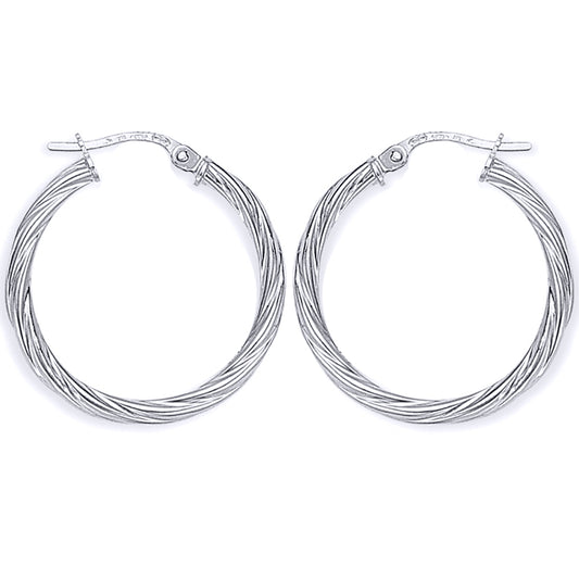 Ladies 9ct White Gold  Rock Candy Twisted Hoop Earrings - 22mm - ERNR02818